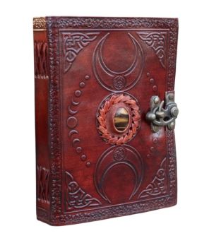 Brown Triple Moon Leather Journal | 5 Stone Options | Thick Pages | Grimoire